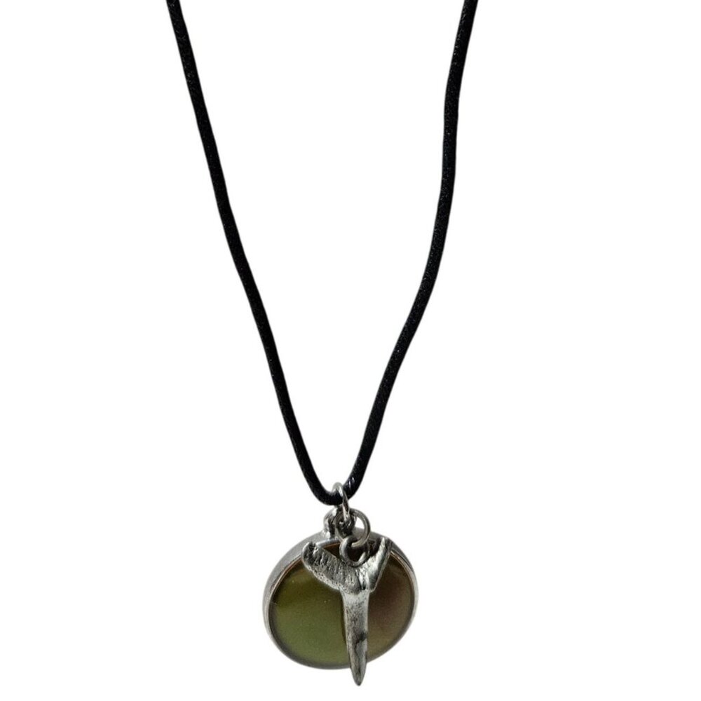 Shark Tooth Pendant Necklace Green Orange Epoxy Resin Black Cord Boho Beach Core